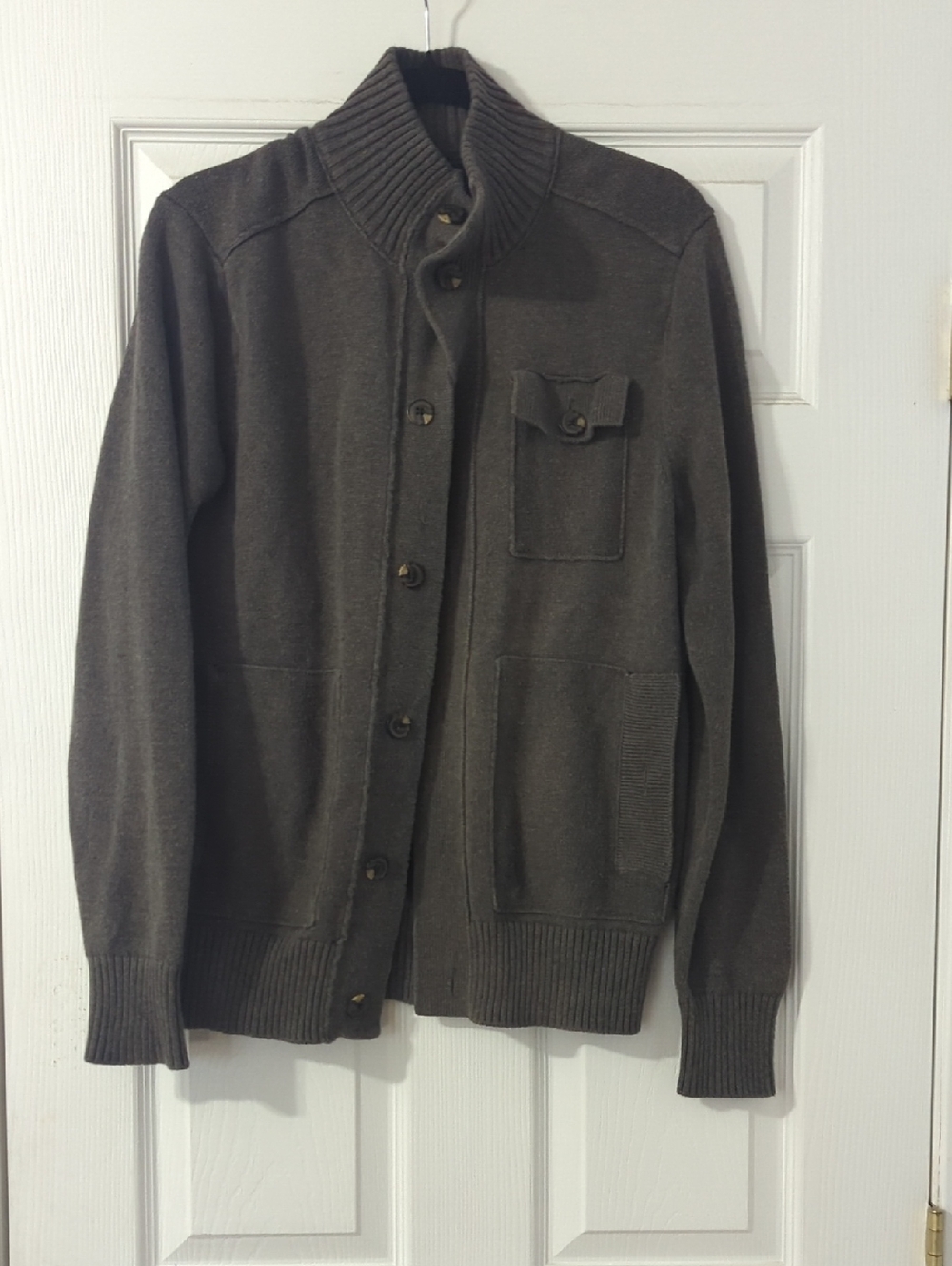 Banana Republic Men's Dark Grey Button-Front Ribbed Collar Cardigan